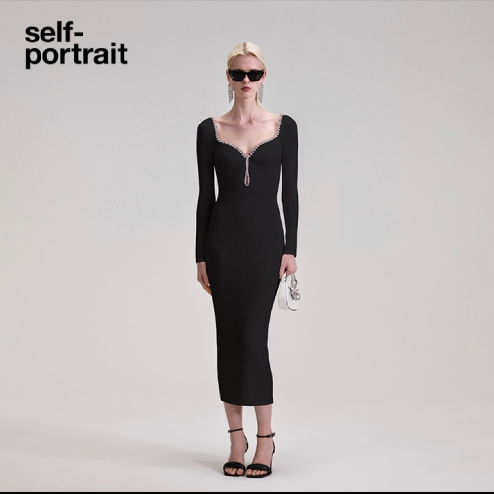 Self-Portrait Black Long-Sleeve Midi Dress with Crystal Trim Detail